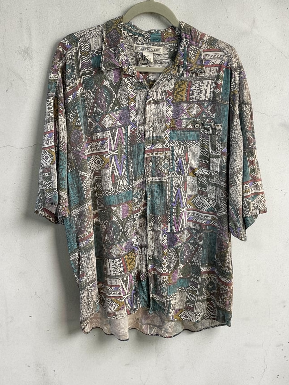 Vintage 90s Pacific Club Rayon Geometric Button Up Shirt Men’s XL Grunge